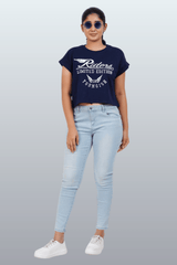 Womens Crop TOP Cotton Printed Tshirt - YOUNGISH NAVY