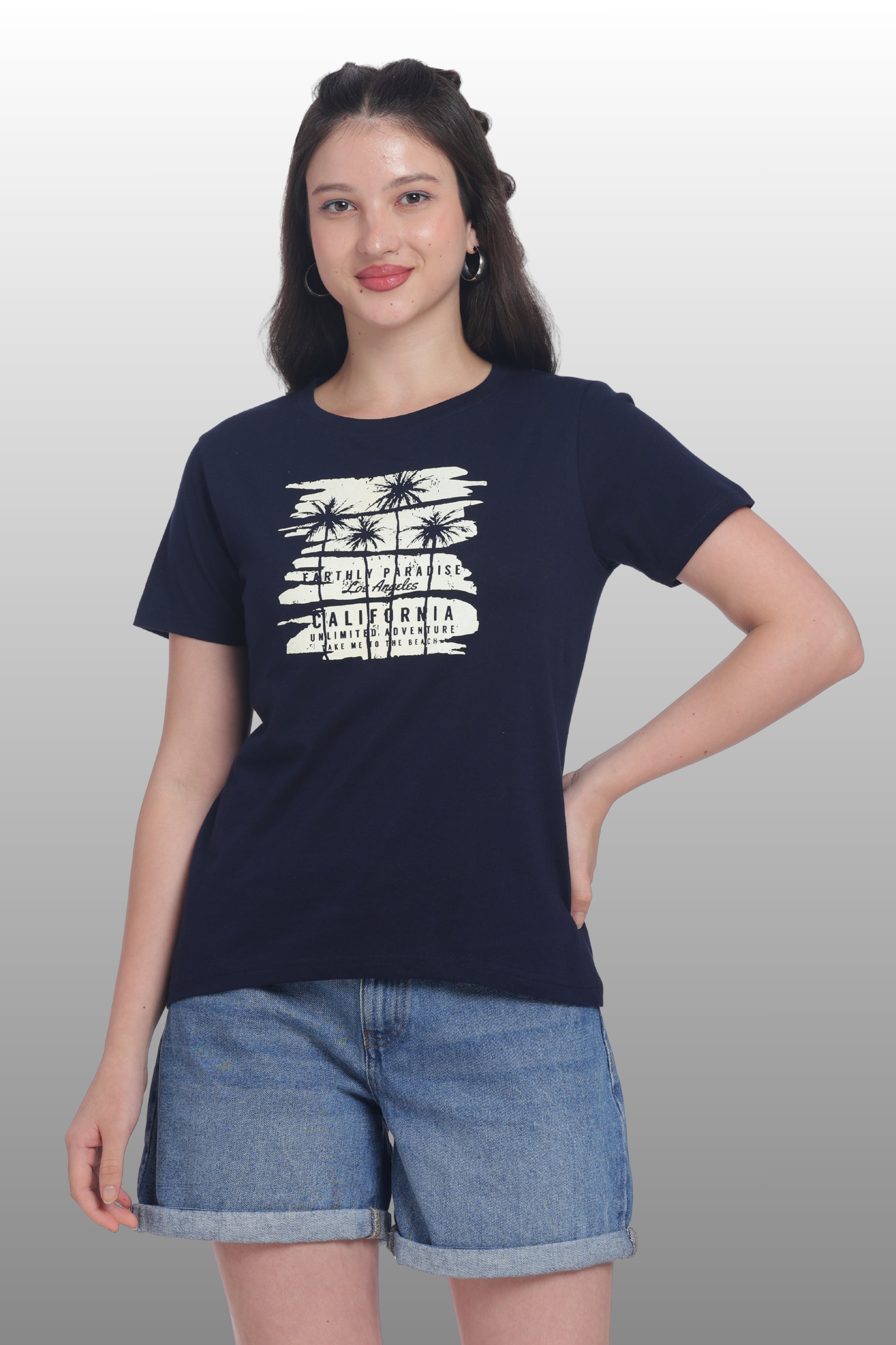 Womens Regular Fit Cotton Printed Tshirt - CALIFORNIA-NAVY