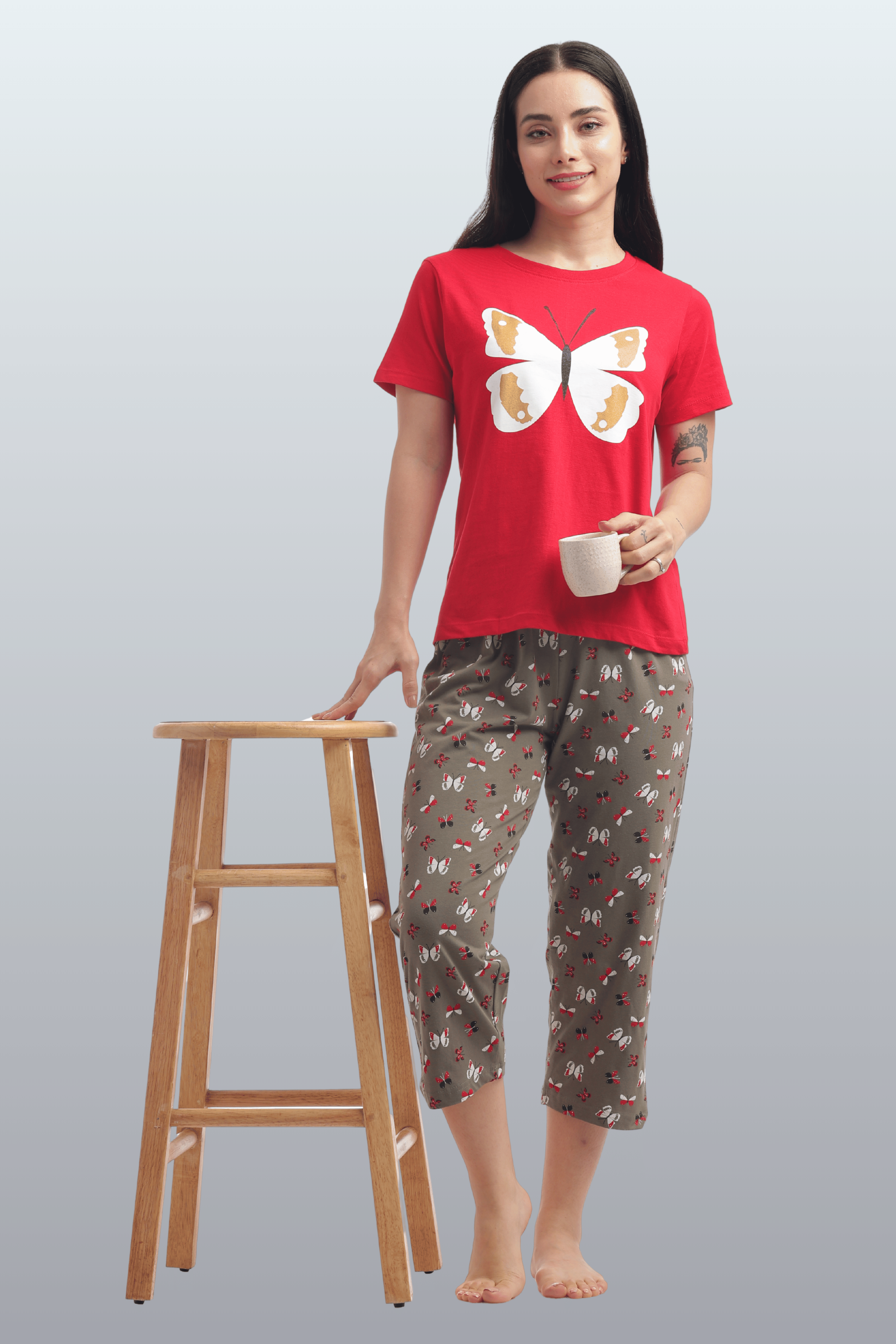Women's Cotton Printed T-Shirt & Pajama Set | Comfortable Nightwear - BUTTERFLY