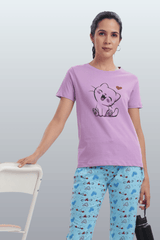 Women's Cotton Printed T-Shirt & Pajama Set | Comfortable Nightwear-CAT LOVE