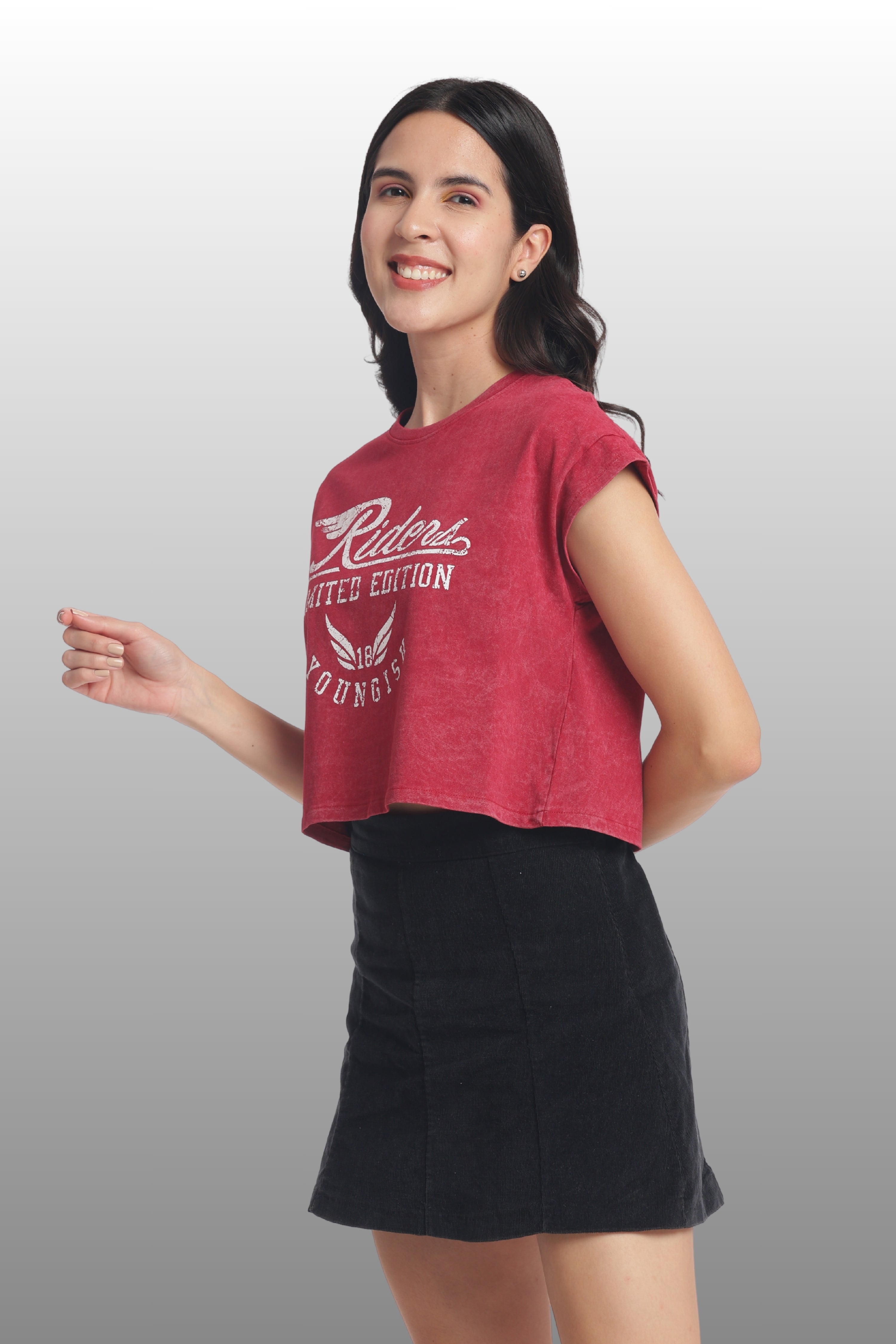 Womens Crop TOP Cotton Printed Tshirt - RIDERS BUGUNDY