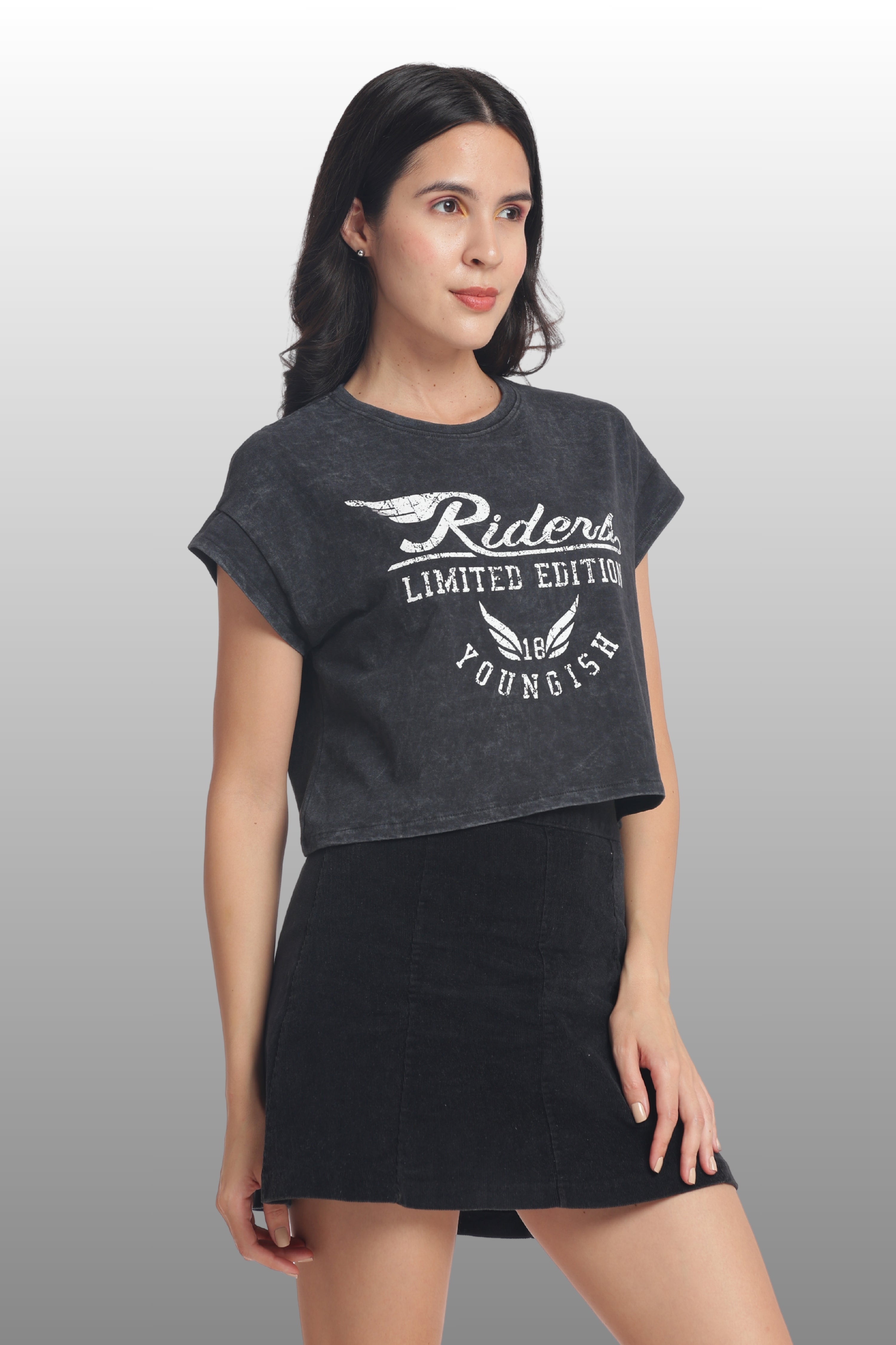 Womens Crop TOP Cotton Printed Tshirt - RIDERS BLACK