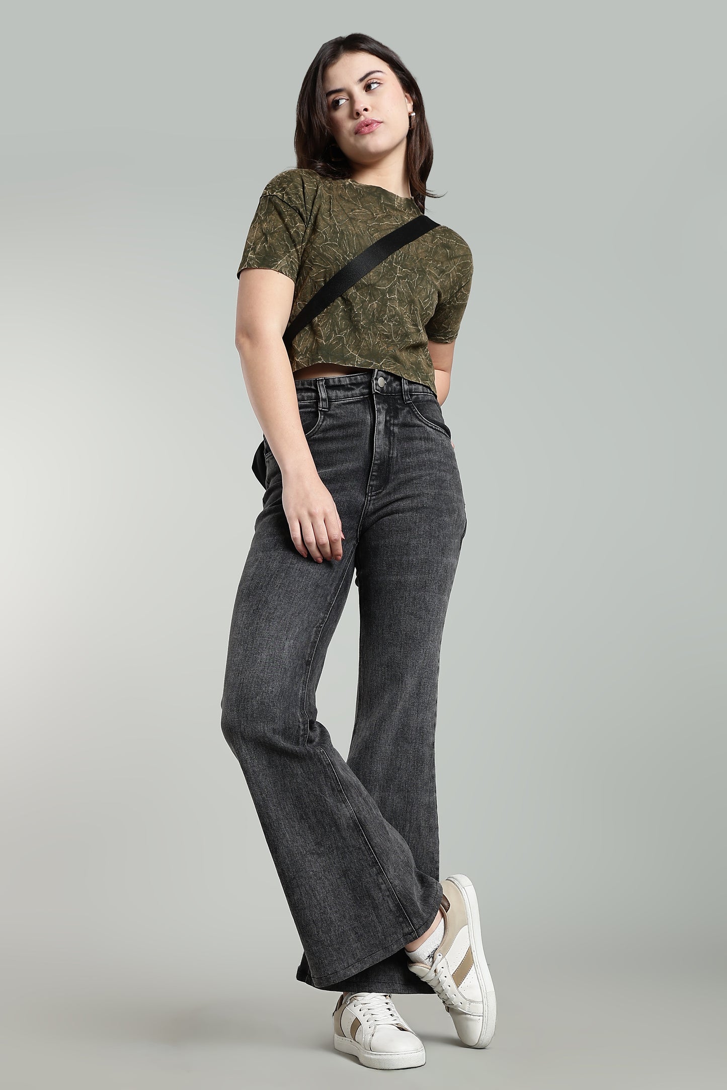 Womens Crop TOP Acid wash cotton Tshirt - Olive