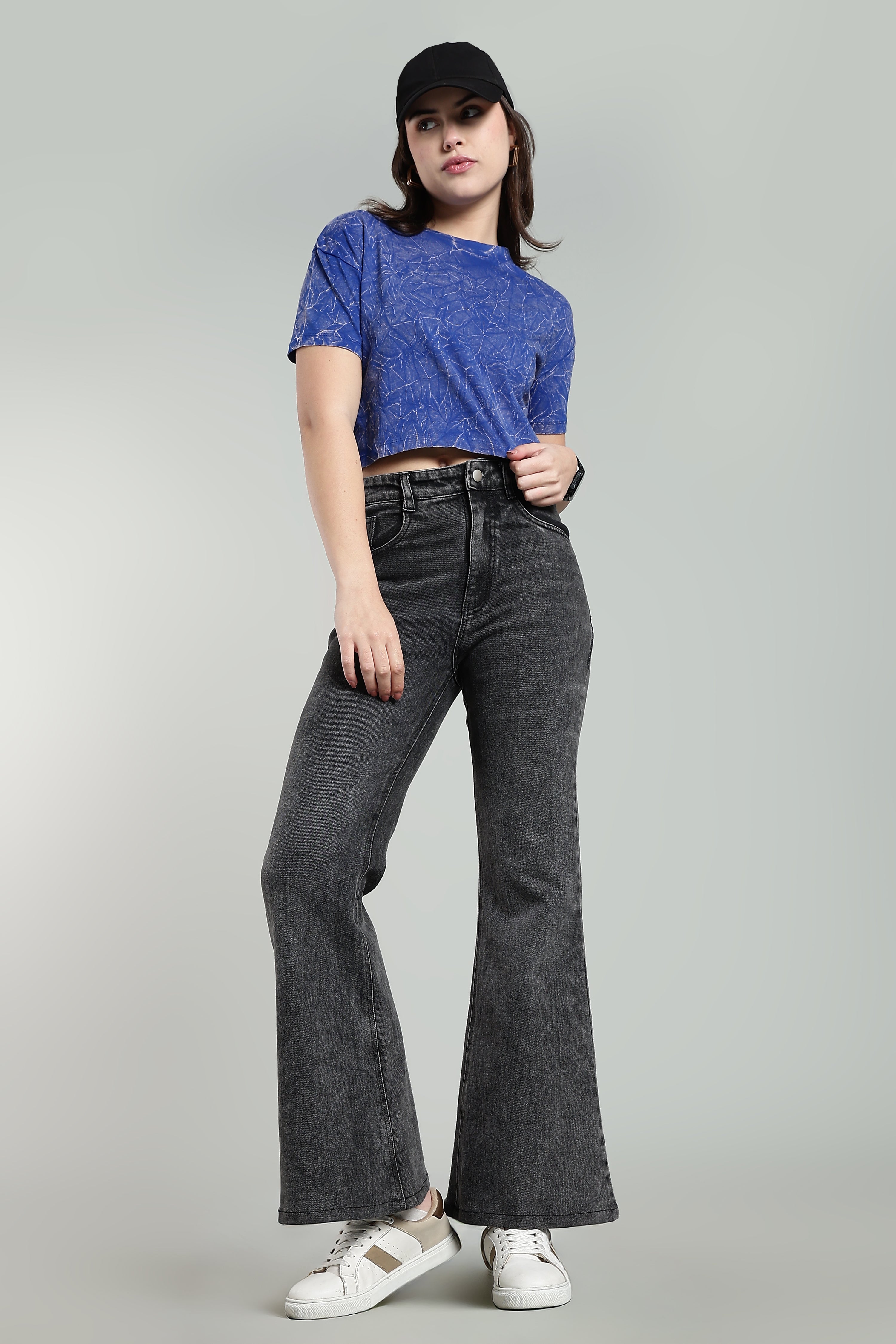 Womens Crop TOP Acid wash cotton Tshirt - ROYAL BLUE