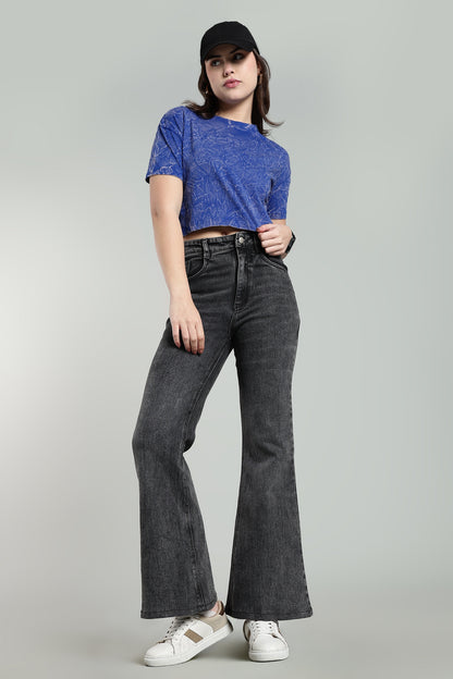 Womens Crop TOP Acid wash cotton Tshirt - ROYAL BLUE