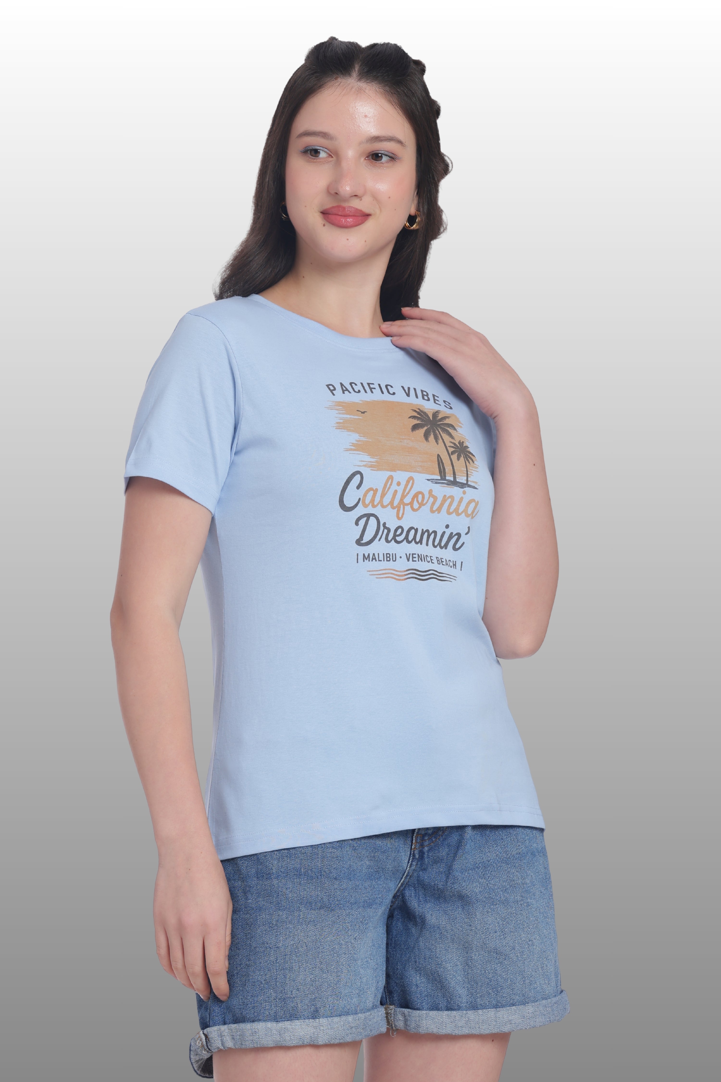 Womens Regular Fit Cotton Printed Tshirt - CALIFORNIA-LIGHT BLUE