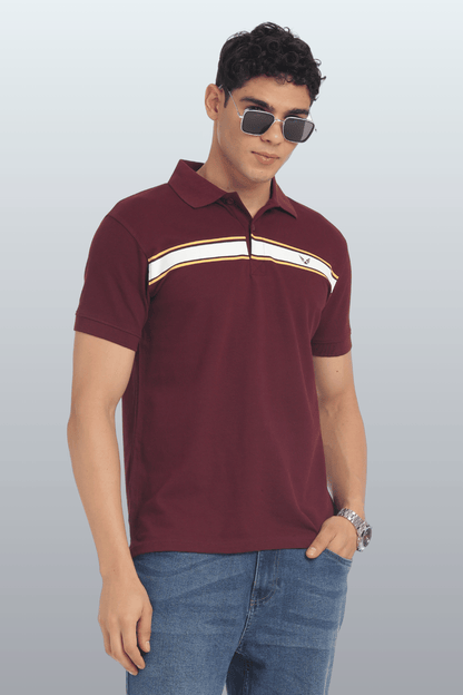 Men's Cotton Rich Polo T Shirt Regular Fit - MAROON STRIPE PRINT