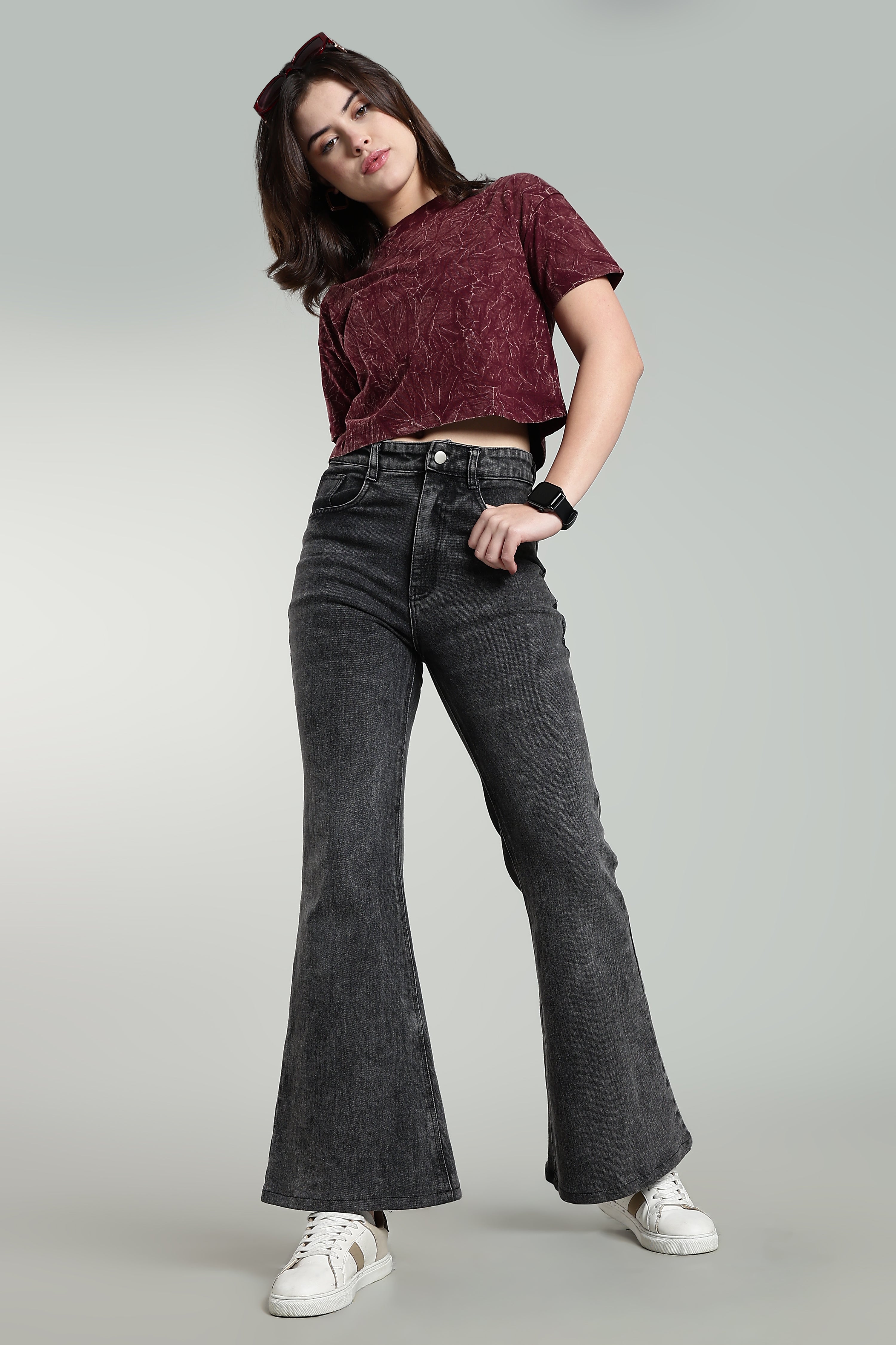 Womens Crop TOP Acid wash cotton Tshirt - WINE