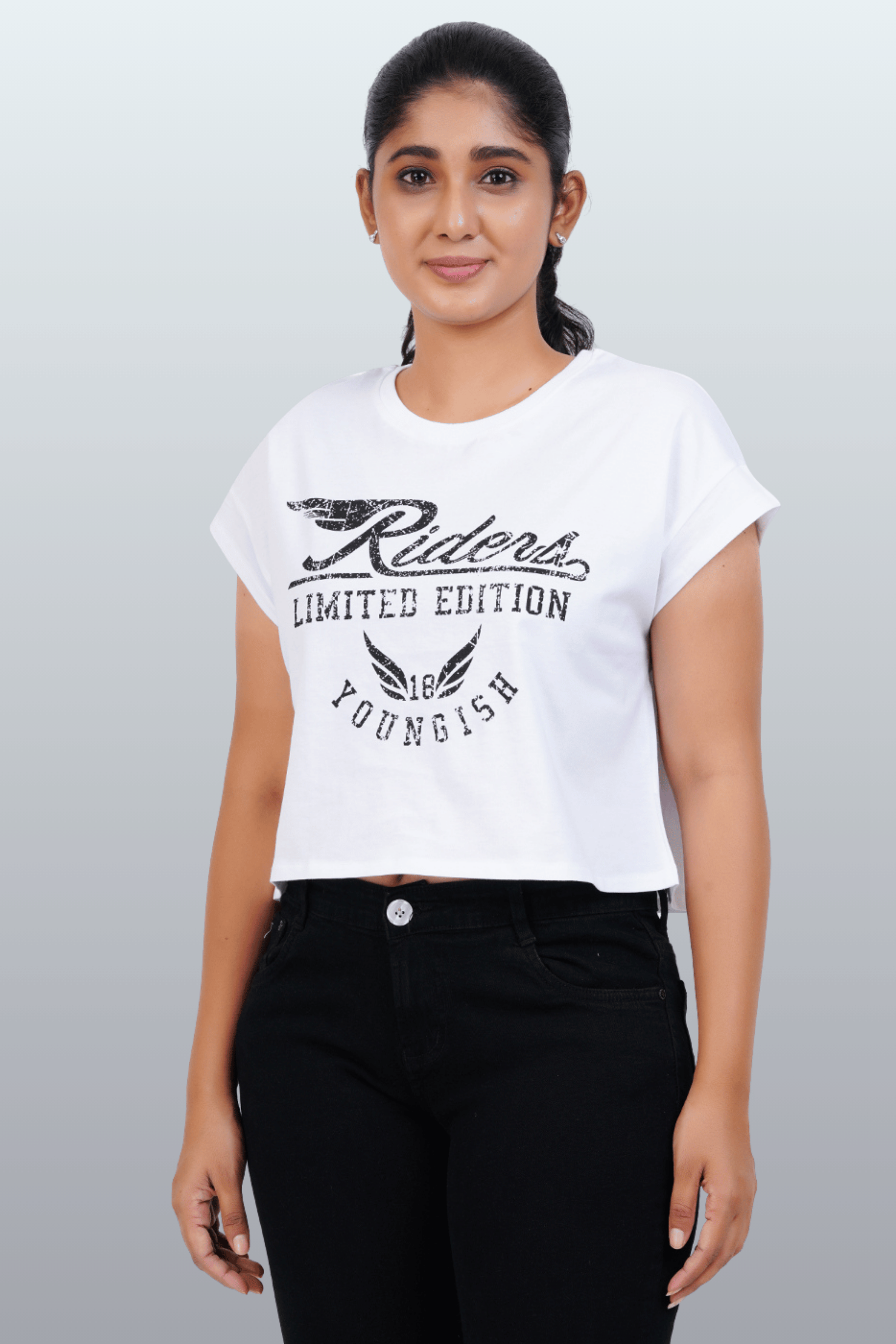 Womens Crop TOP Cotton Printed Tshirt - YOUNGISH WHITE