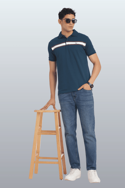 Men's Cotton Rich Polo T Shirt Regular Fit - PEACOCK STRIPE PRINT
