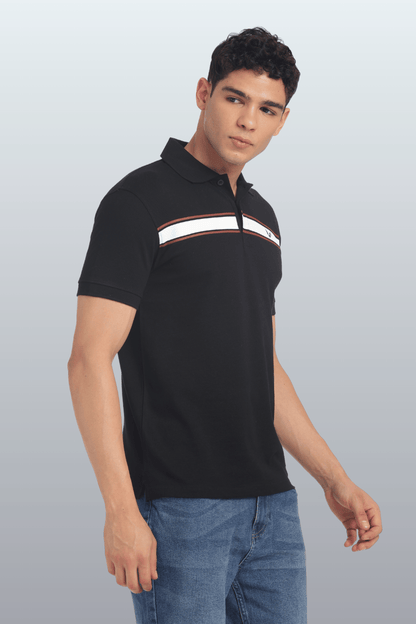 Men's Cotton Rich Polo T Shirt Regular Fit - BLACK STRIPE PRINT