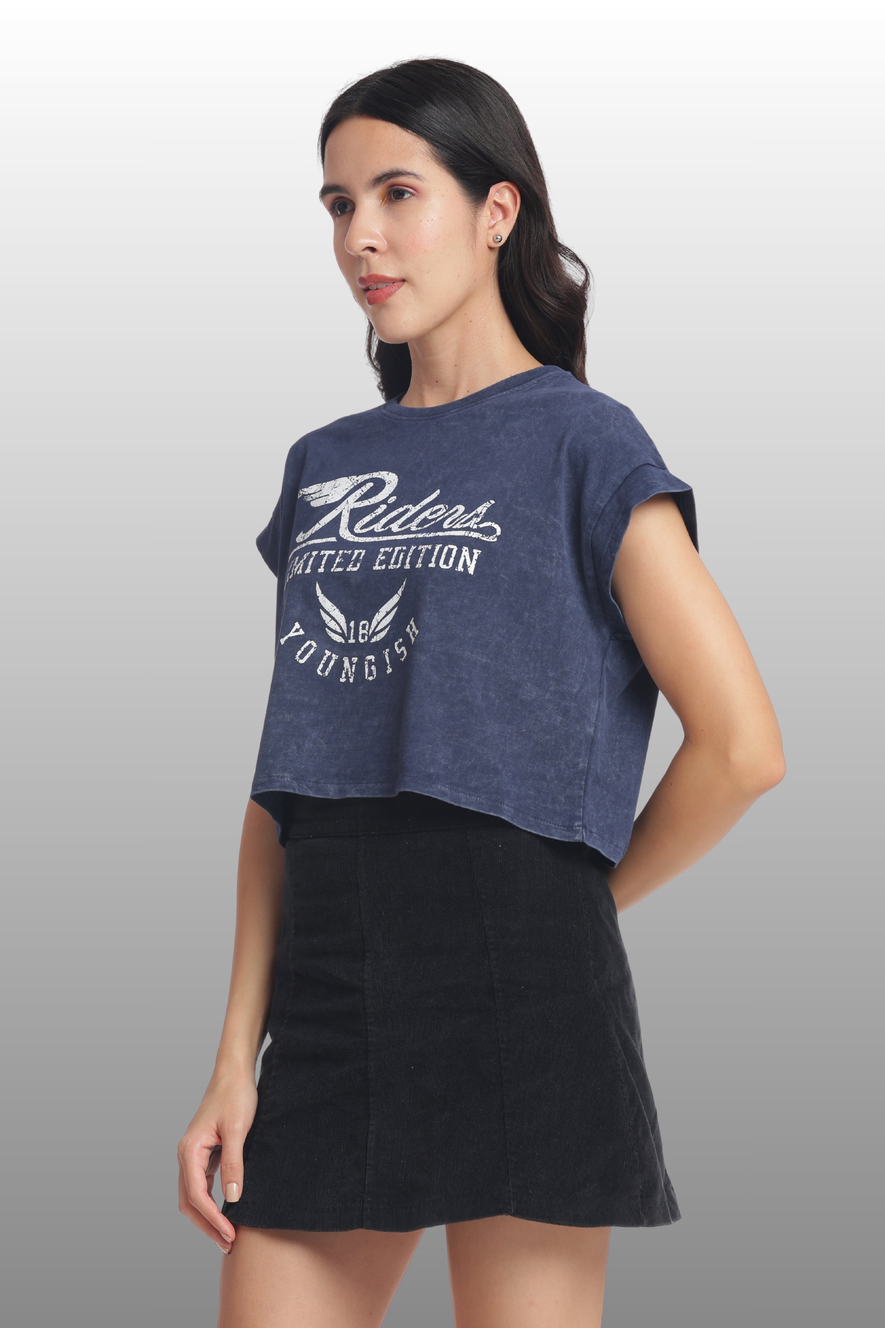 Womens Crop TOP Cotton Printed Tshirt - RIDERS NAVY