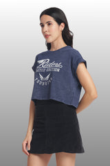 Womens Crop TOP Cotton Printed Tshirt - RIDERS NAVY