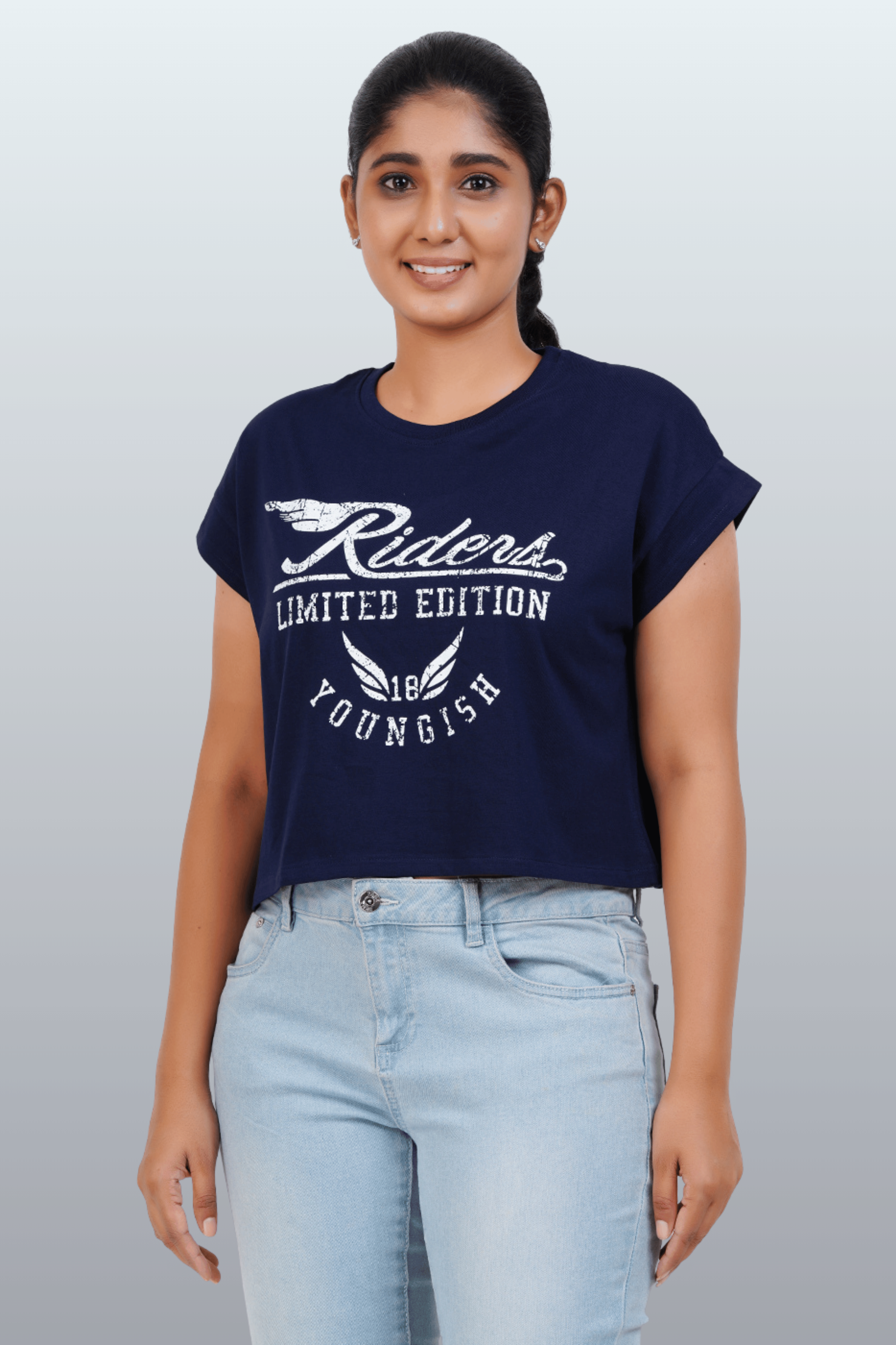 Womens Crop TOP Cotton Printed Tshirt - YOUNGISH NAVY