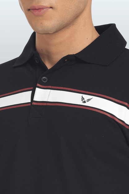 Men's Cotton Rich Polo T Shirt Regular Fit - BLACK STRIPE PRINT