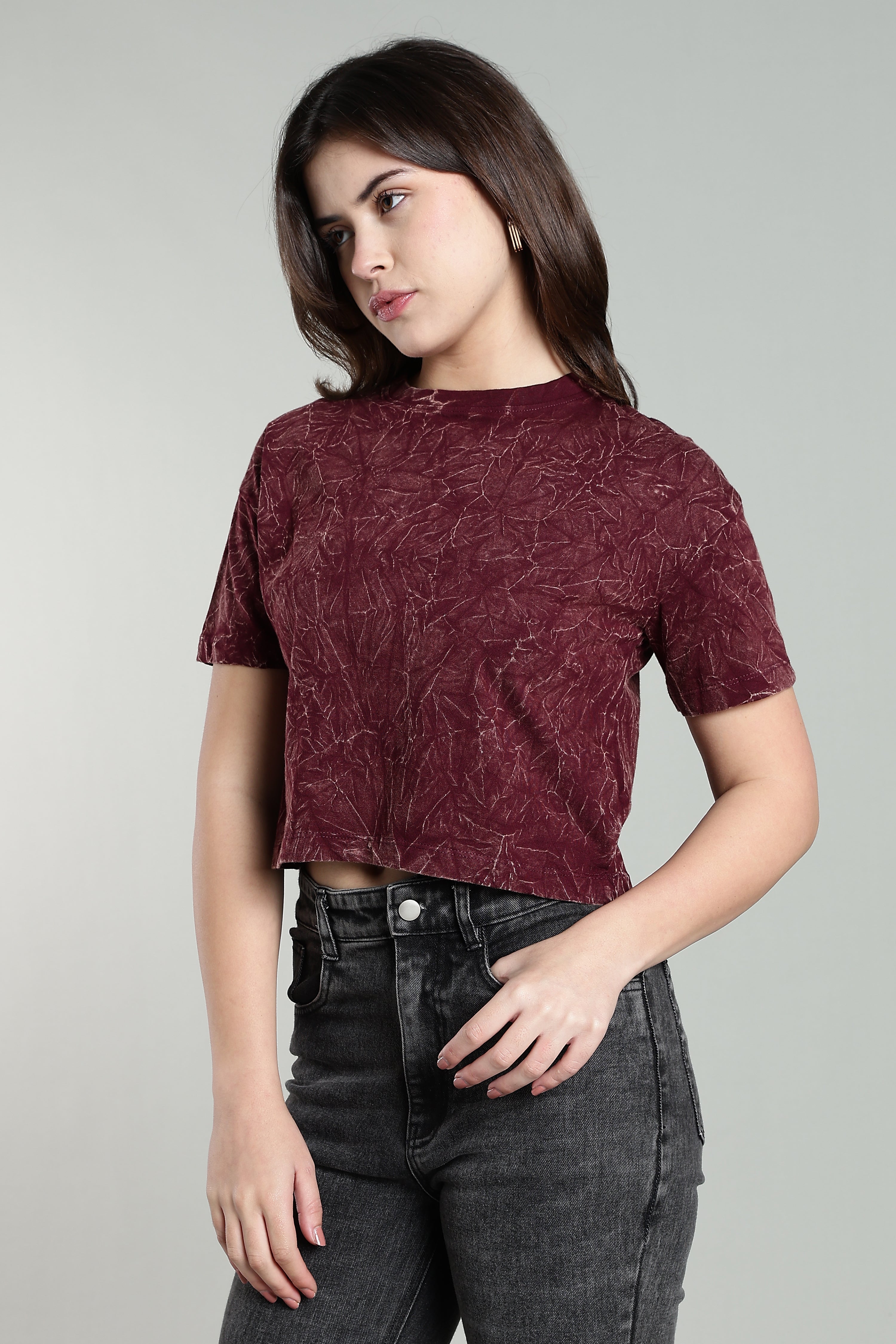 Womens Crop TOP Acid wash cotton Tshirt - WINE