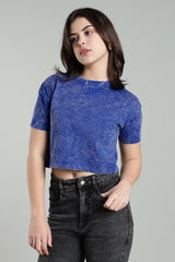Womens Crop TOP Acid wash cotton Tshirt - ROYAL BLUE
