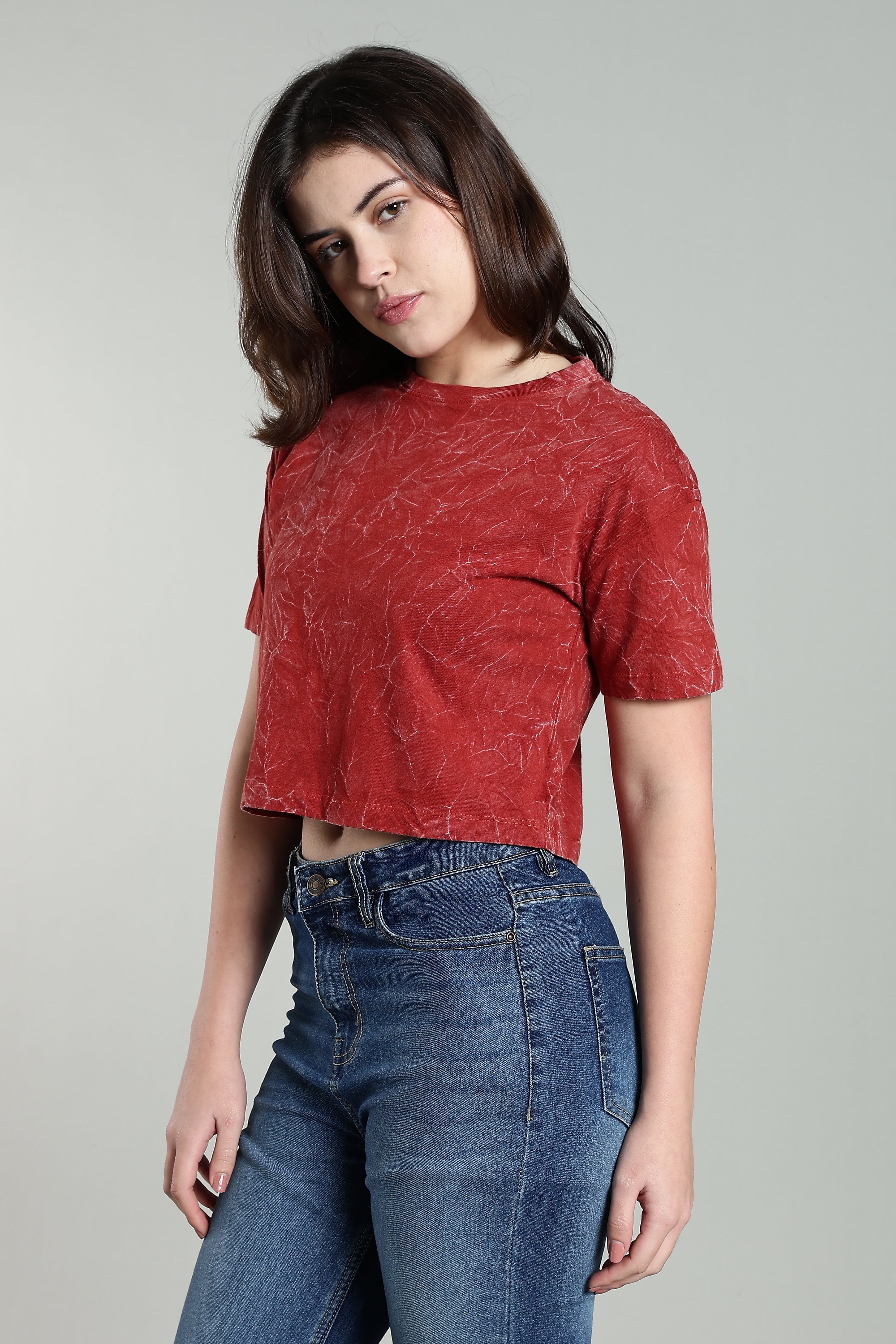 Womens Crop TOP Acid wash cotton Tshirt - RUST