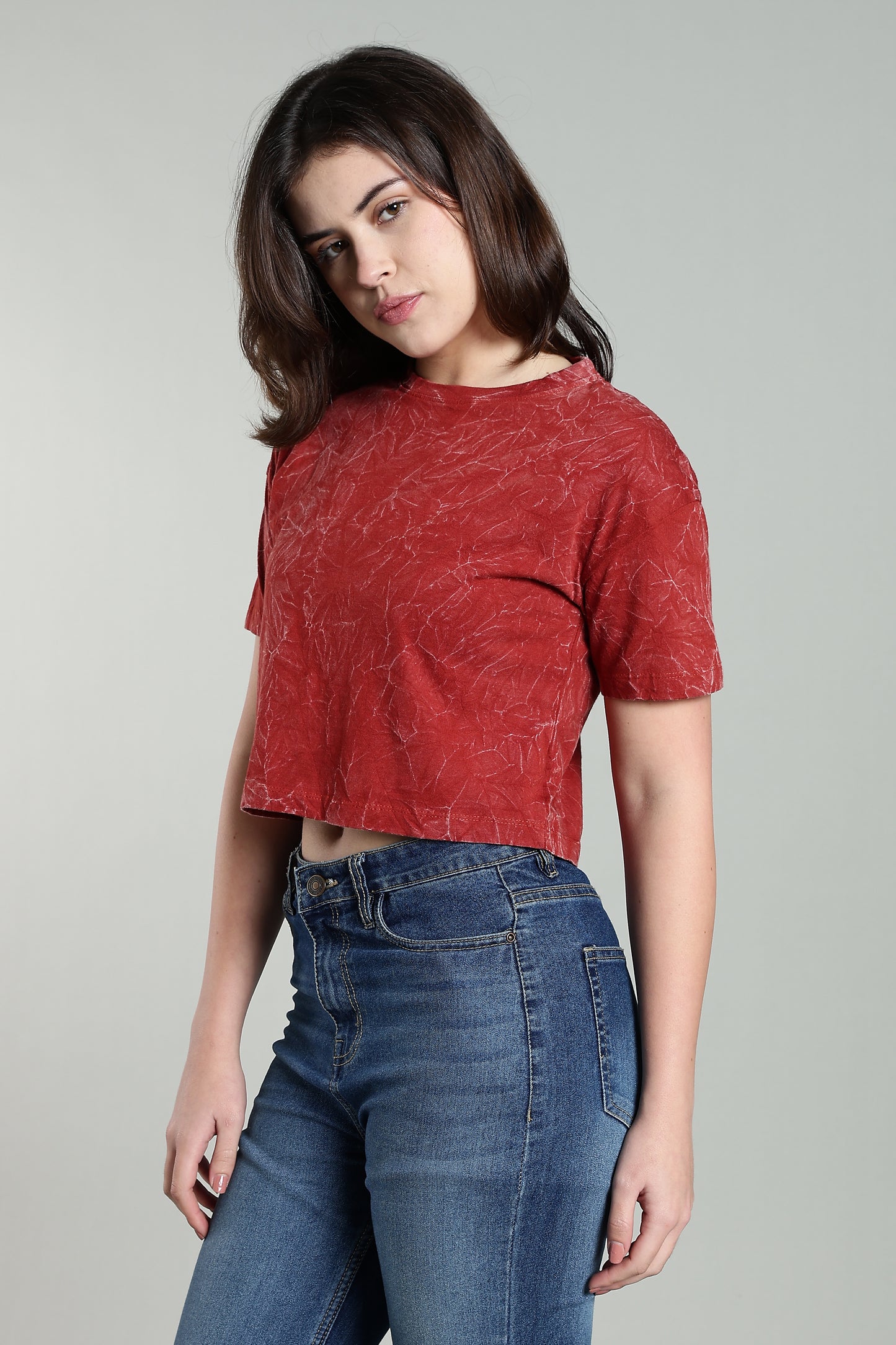 Womens Crop TOP Acid wash cotton Tshirt - RUST