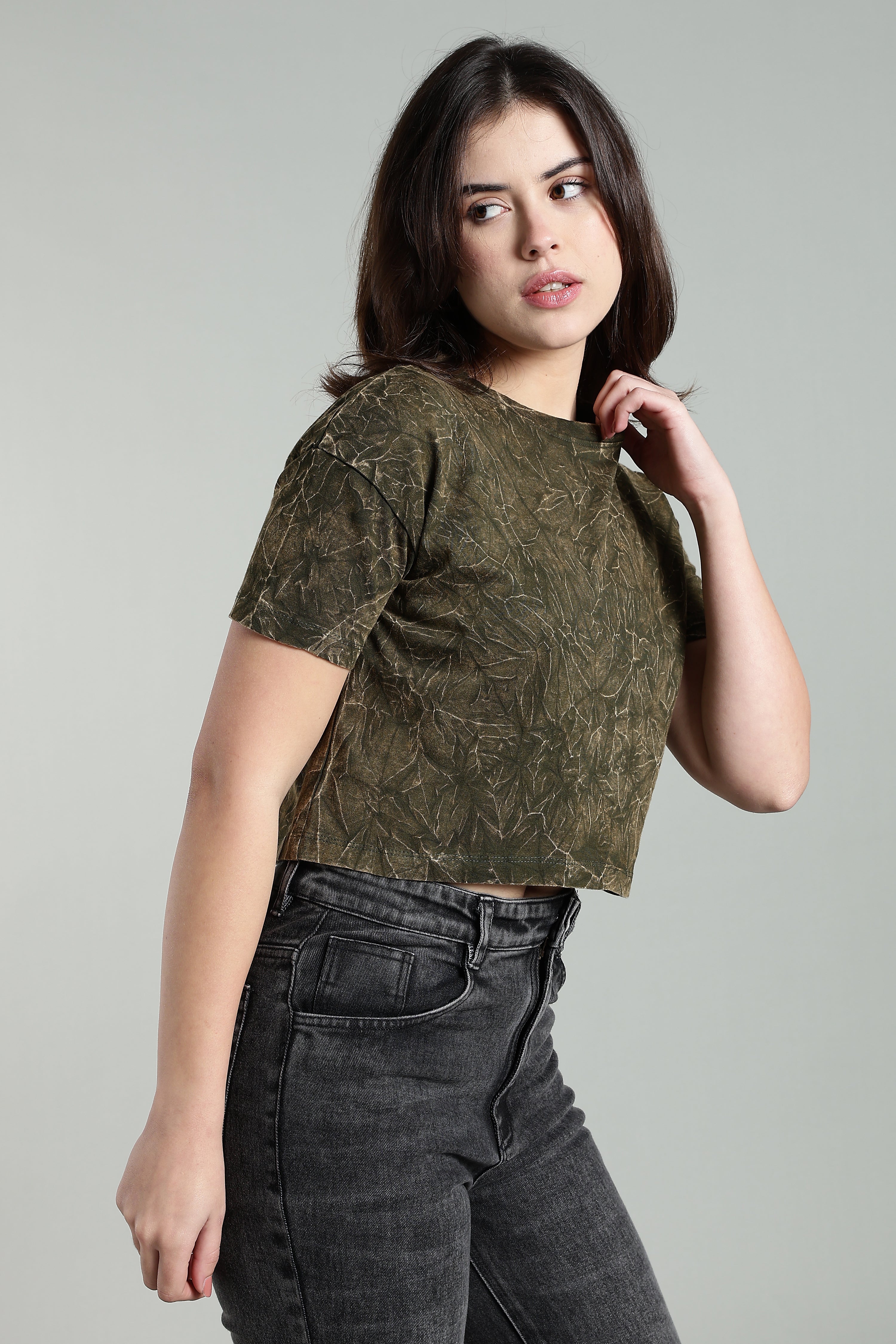 Womens Crop TOP Acid wash cotton Tshirt - Olive