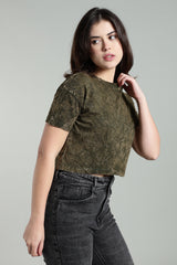 Womens Crop TOP Acid wash cotton Tshirt - Olive