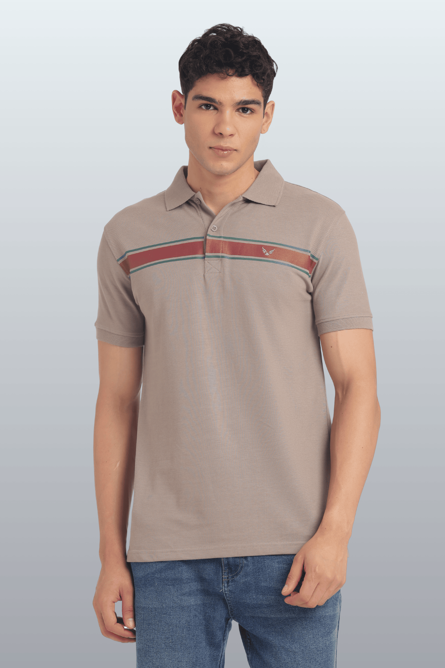 Men's Cotton Rich Polo T Shirt Regular Fit - BEIGE STRIPE PRINT