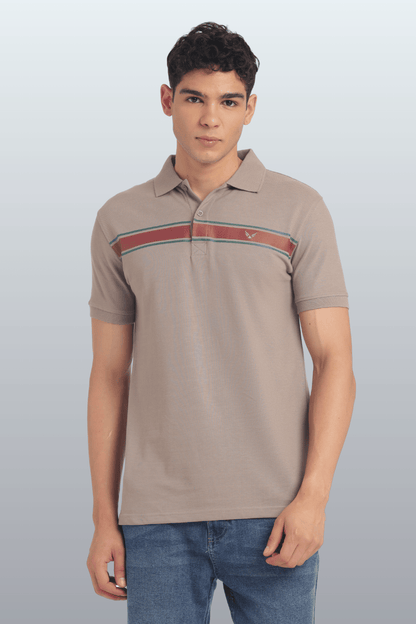 Men's Cotton Rich Polo T Shirt Regular Fit - BEIGE STRIPE PRINT