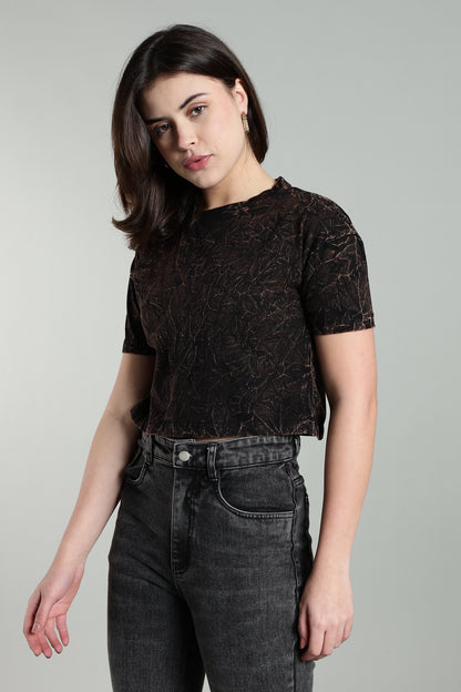 Womens Crop TOP Acid wash cotton Tshirt - Black