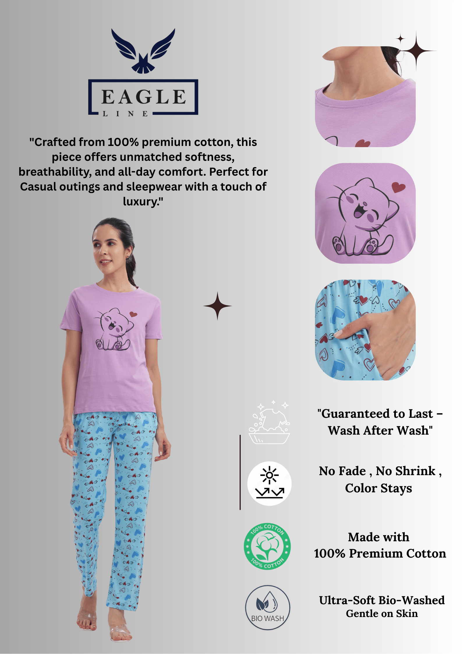 Women's Cotton Printed T-Shirt & Pajama Set | Comfortable Nightwear-CAT LOVE