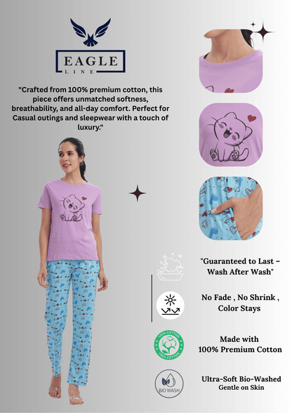 Women's Cotton Printed T-Shirt & Pajama Set | Comfortable Nightwear-CAT LOVE