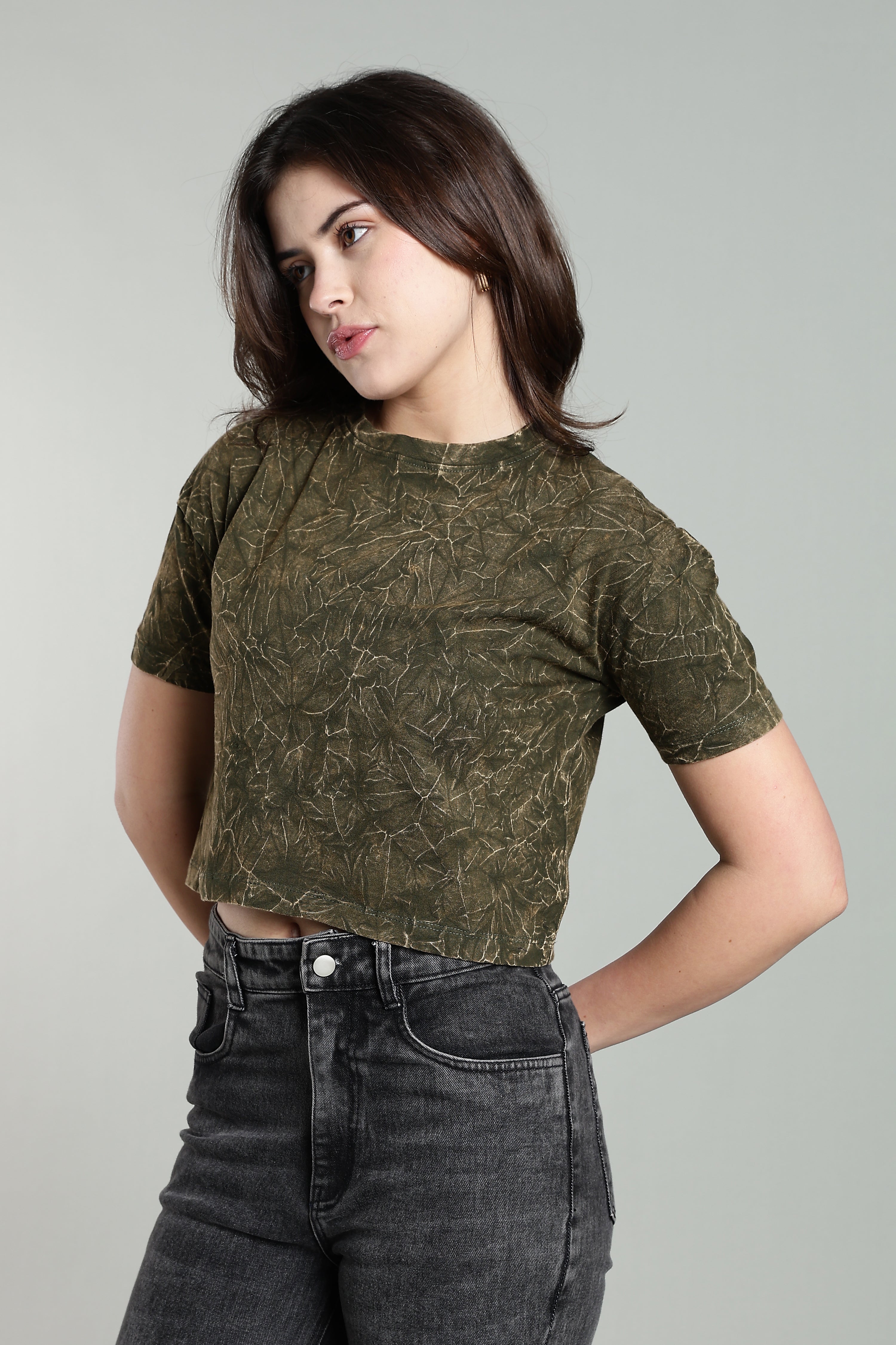 Womens Crop TOP Acid wash cotton Tshirt - Olive