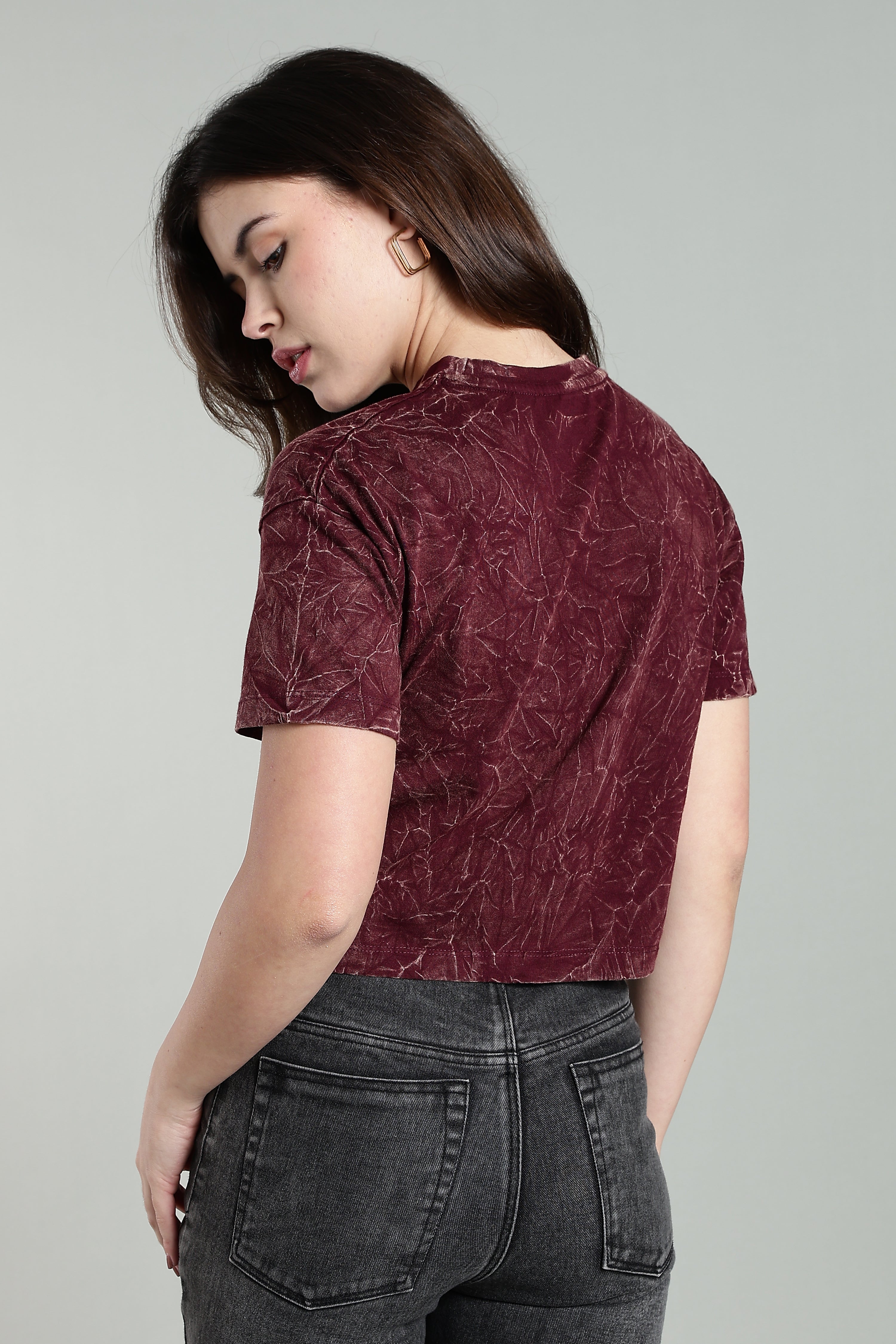 Womens Crop TOP Acid wash cotton Tshirt - WINE