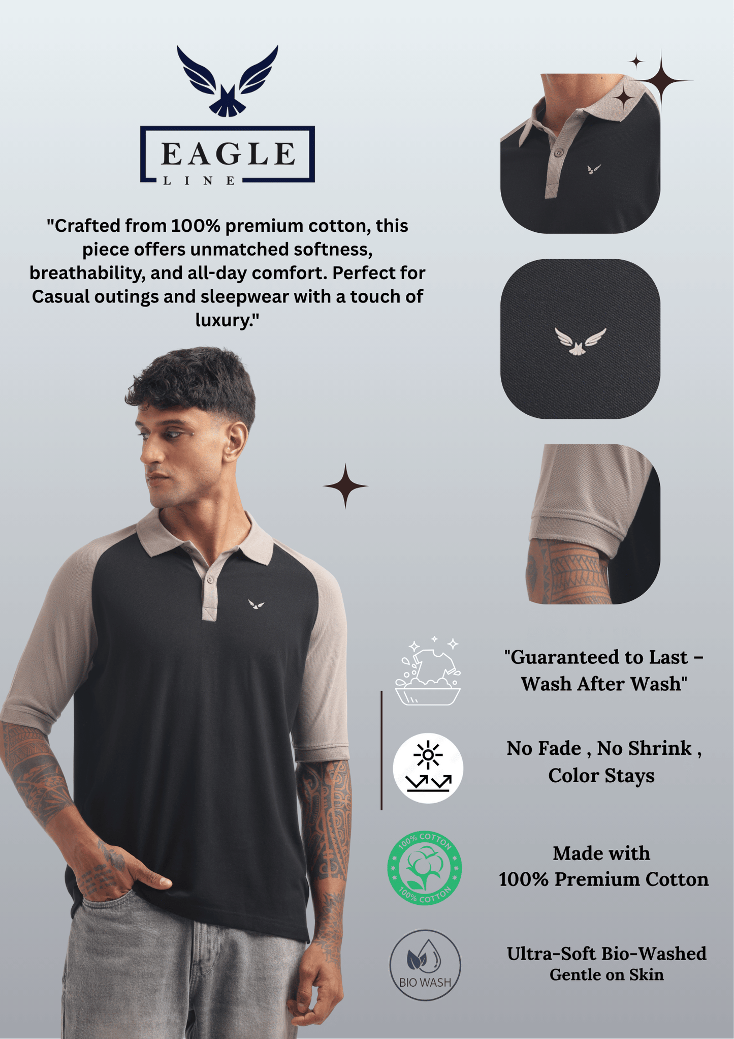 Men's Reglon Sleeve Cotton Rich Polo T-Shirt - BLACK