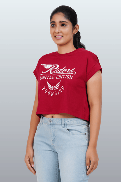 Womens Crop TOP Cotton Printed Tshirt - YOUNGISH BURGUNDY