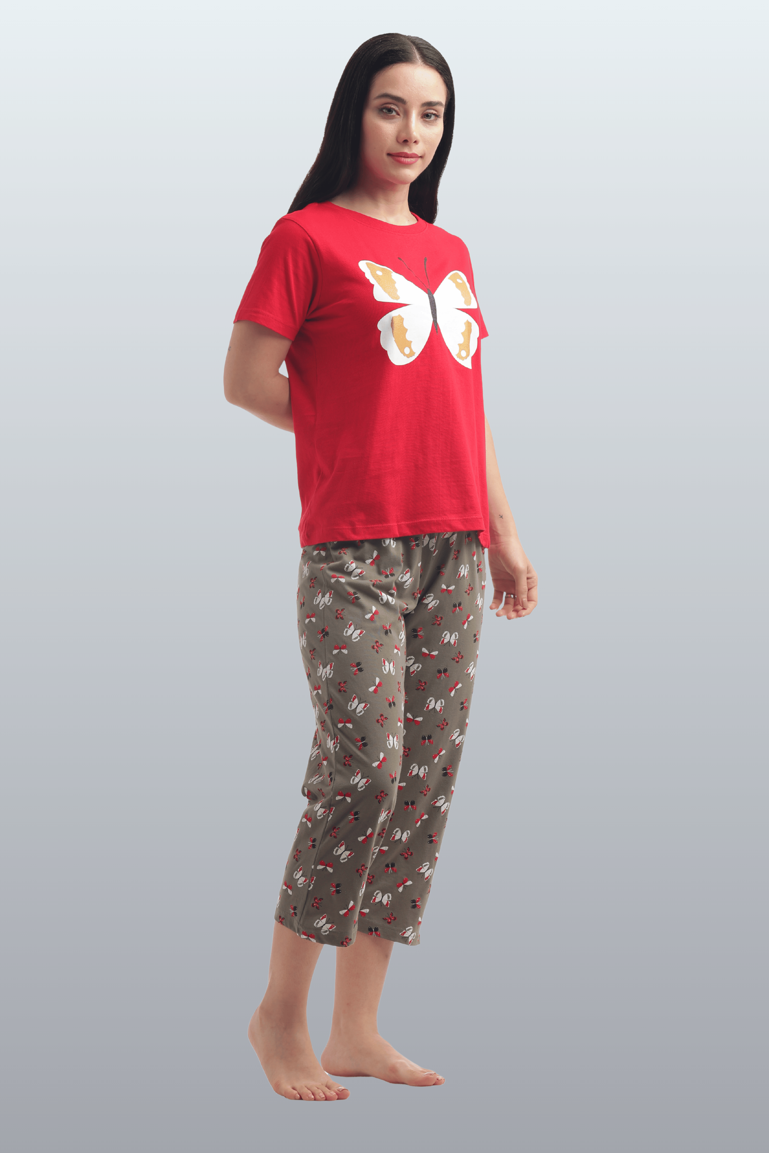 Women's Cotton Printed T-Shirt & Pajama Set | Comfortable Nightwear - BUTTERFLY