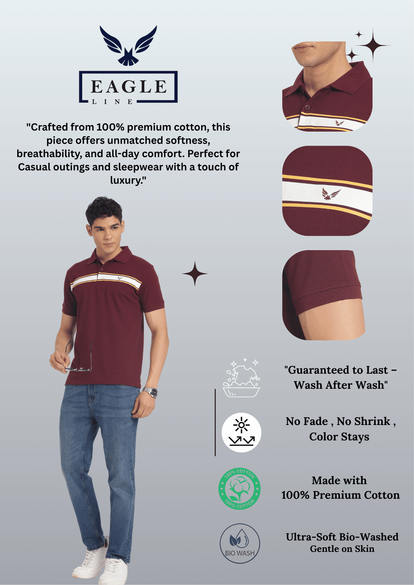 Men's Cotton Rich Polo T Shirt Regular Fit - MAROON STRIPE PRINT