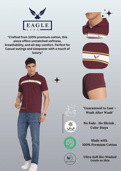 Men's Cotton Rich Polo T Shirt Regular Fit - MAROON STRIPE PRINT