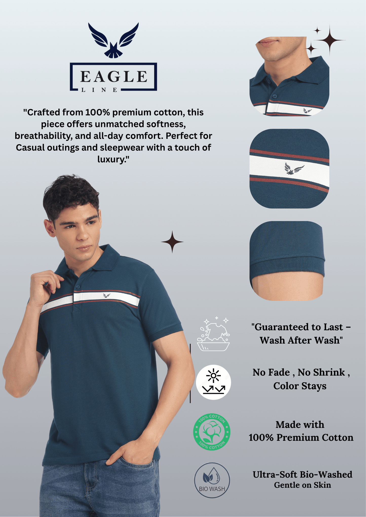 Men's Cotton Rich Polo T Shirt Regular Fit - PEACOCK STRIPE PRINT