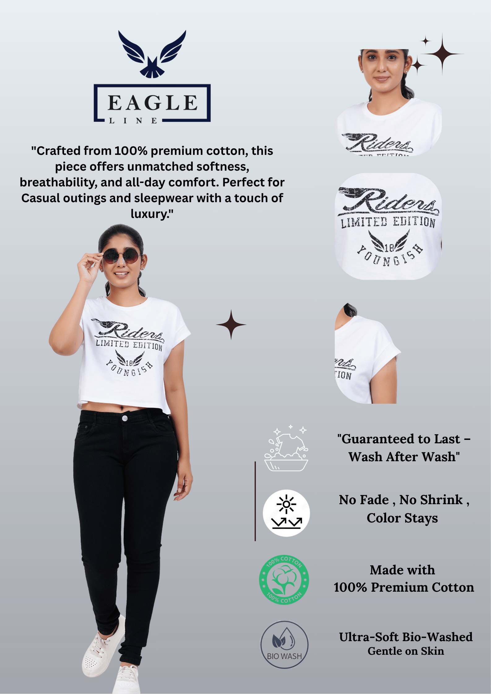 Womens Crop TOP Cotton Printed Tshirt - YOUNGISH WHITE