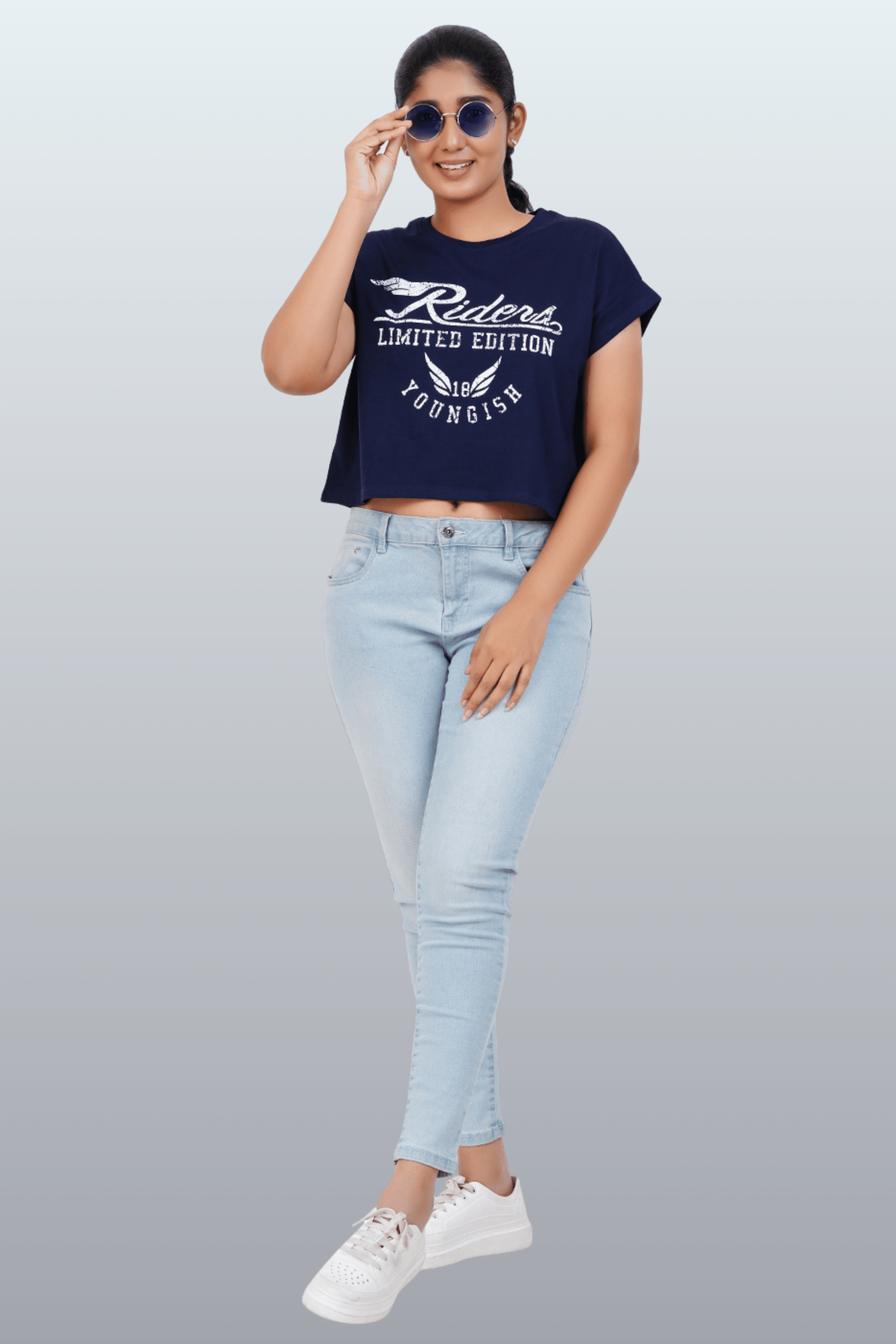 Womens Crop TOP Cotton Printed Tshirt - YOUNGISH NAVY