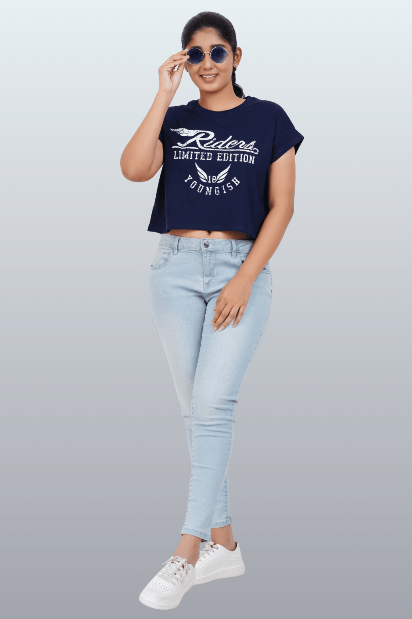 Womens Crop TOP Cotton Printed Tshirt - YOUNGISH NAVY
