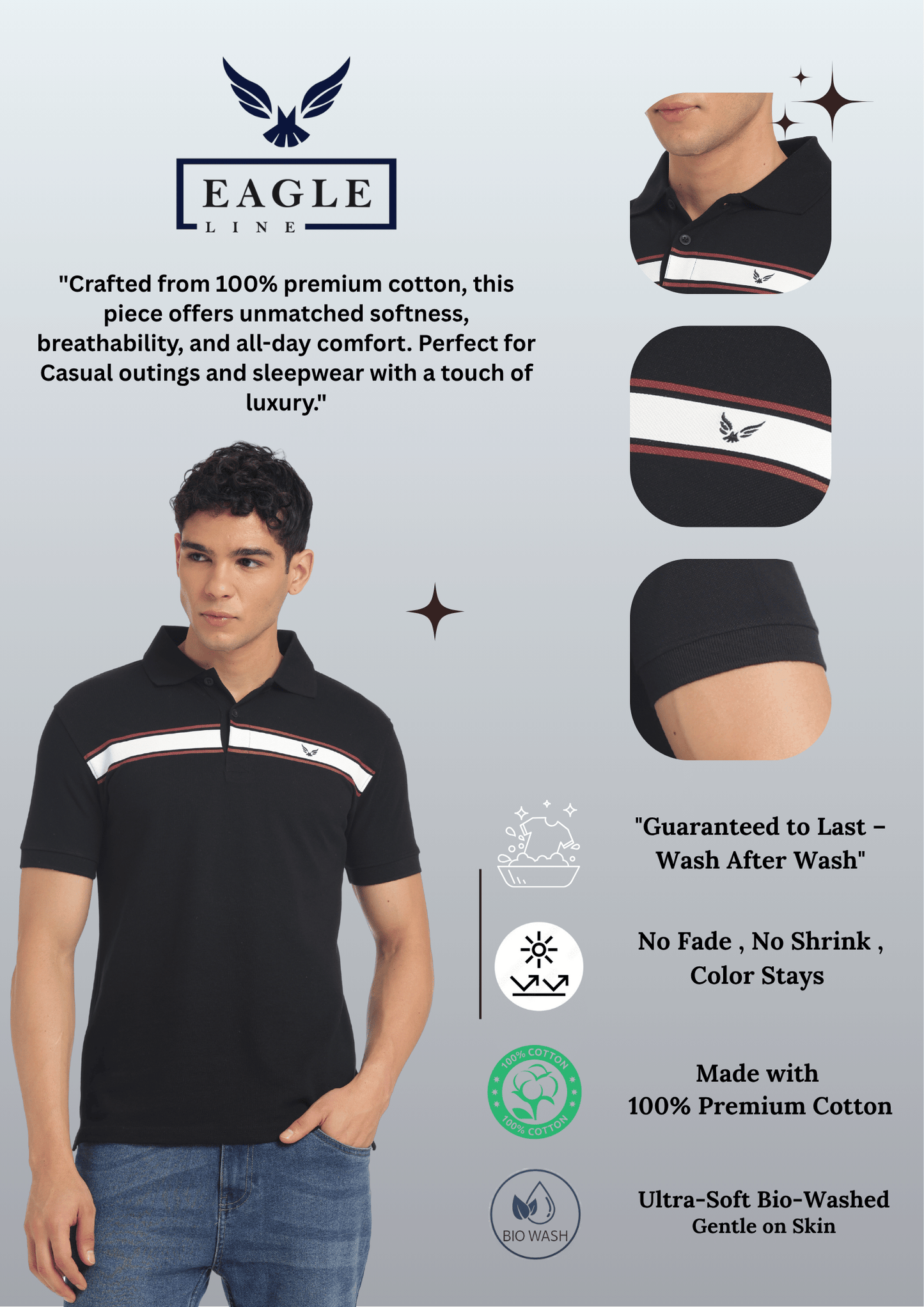 Men's Cotton Rich Polo T Shirt Regular Fit - BLACK STRIPE PRINT