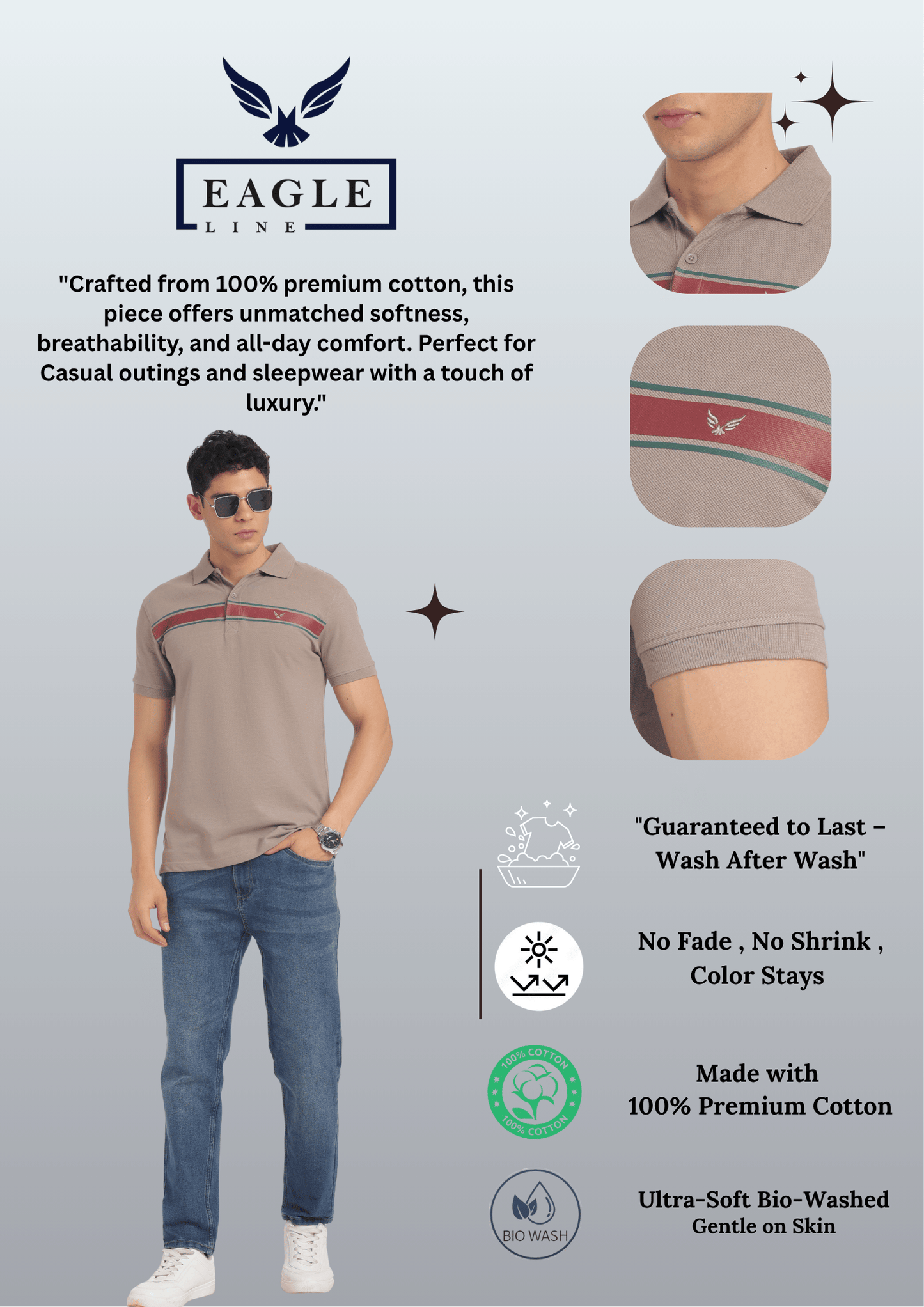 Men's Cotton Rich Polo T Shirt Regular Fit - BEIGE STRIPE PRINT