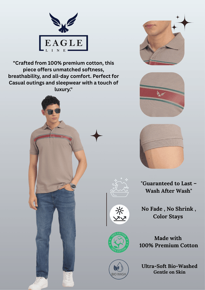 Men's Cotton Rich Polo T Shirt Regular Fit - BEIGE STRIPE PRINT