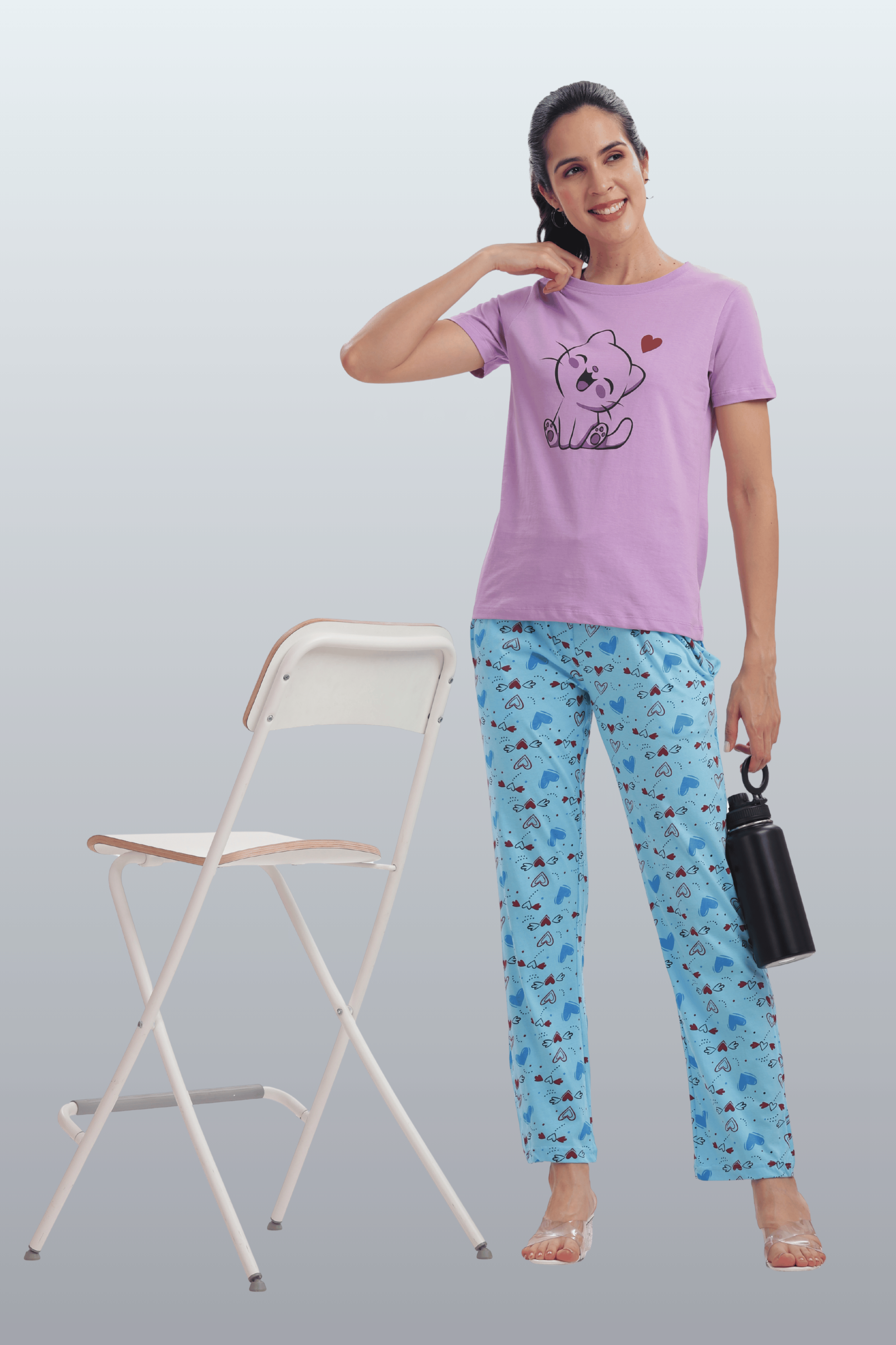 Women's Cotton Printed T-Shirt & Pajama Set | Comfortable Nightwear-CAT LOVE