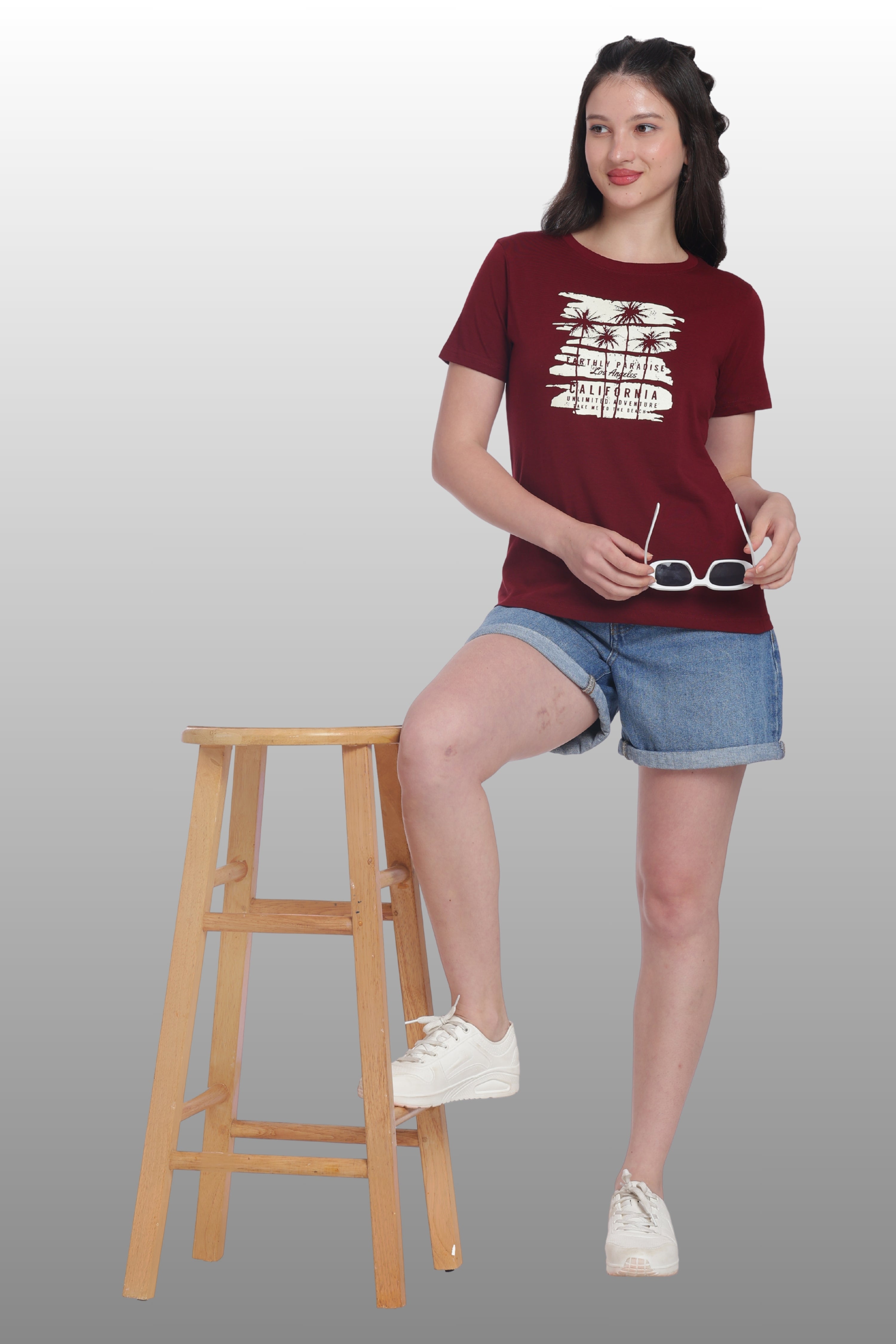 Womens Regular Fit Cotton Printed Tshirt - CALIFORNIA-MAROON