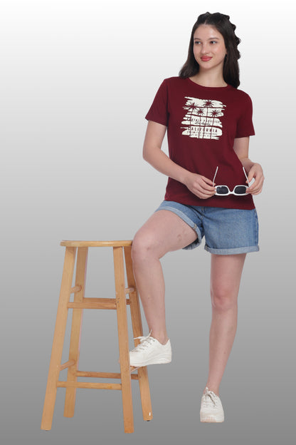 Womens Regular Fit Cotton Printed Tshirt - CALIFORNIA-MAROON