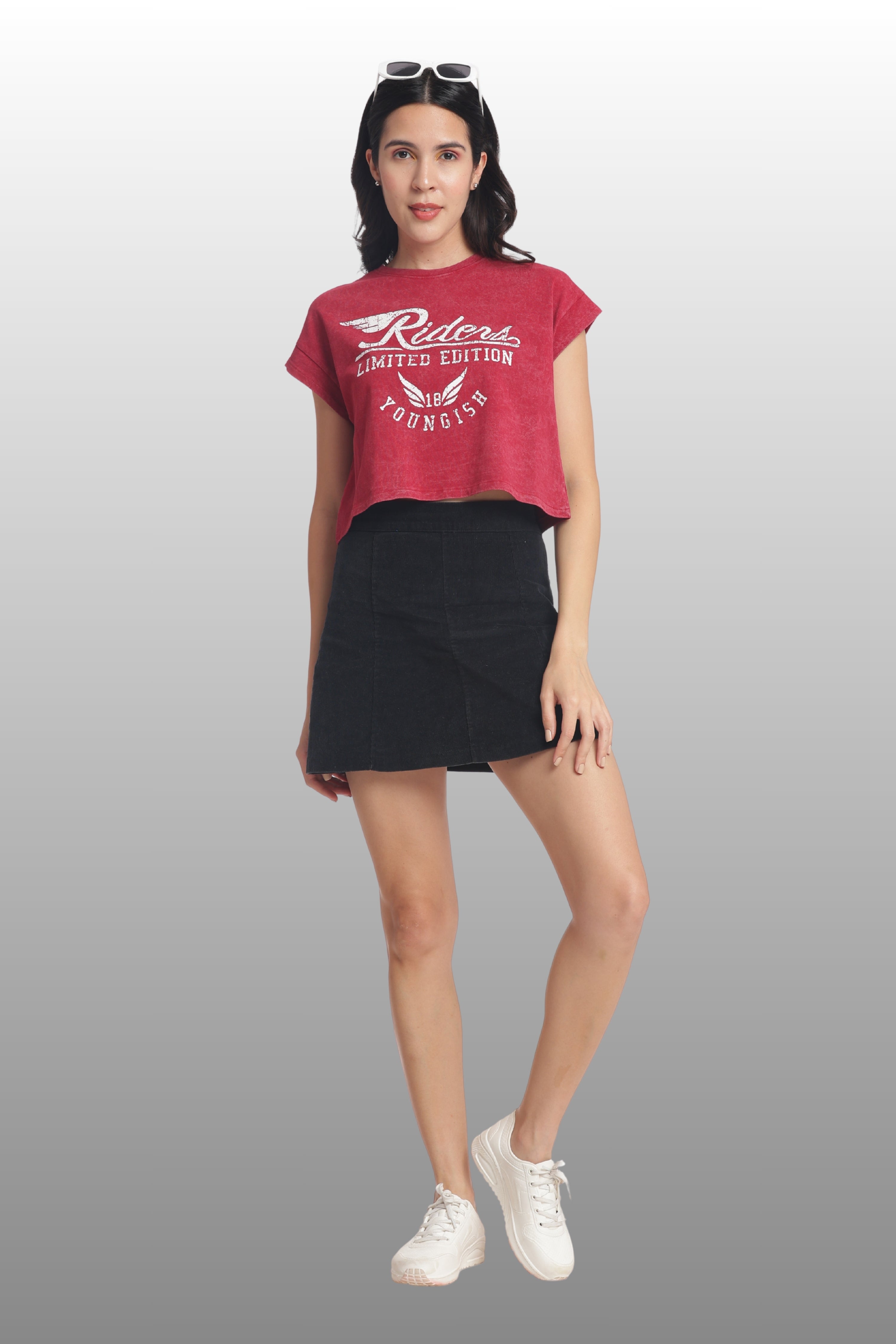 Womens Crop TOP Cotton Printed Tshirt - RIDERS BUGUNDY