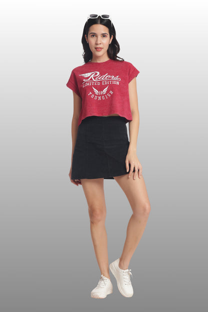 Womens Crop TOP Cotton Printed Tshirt - RIDERS BUGUNDY