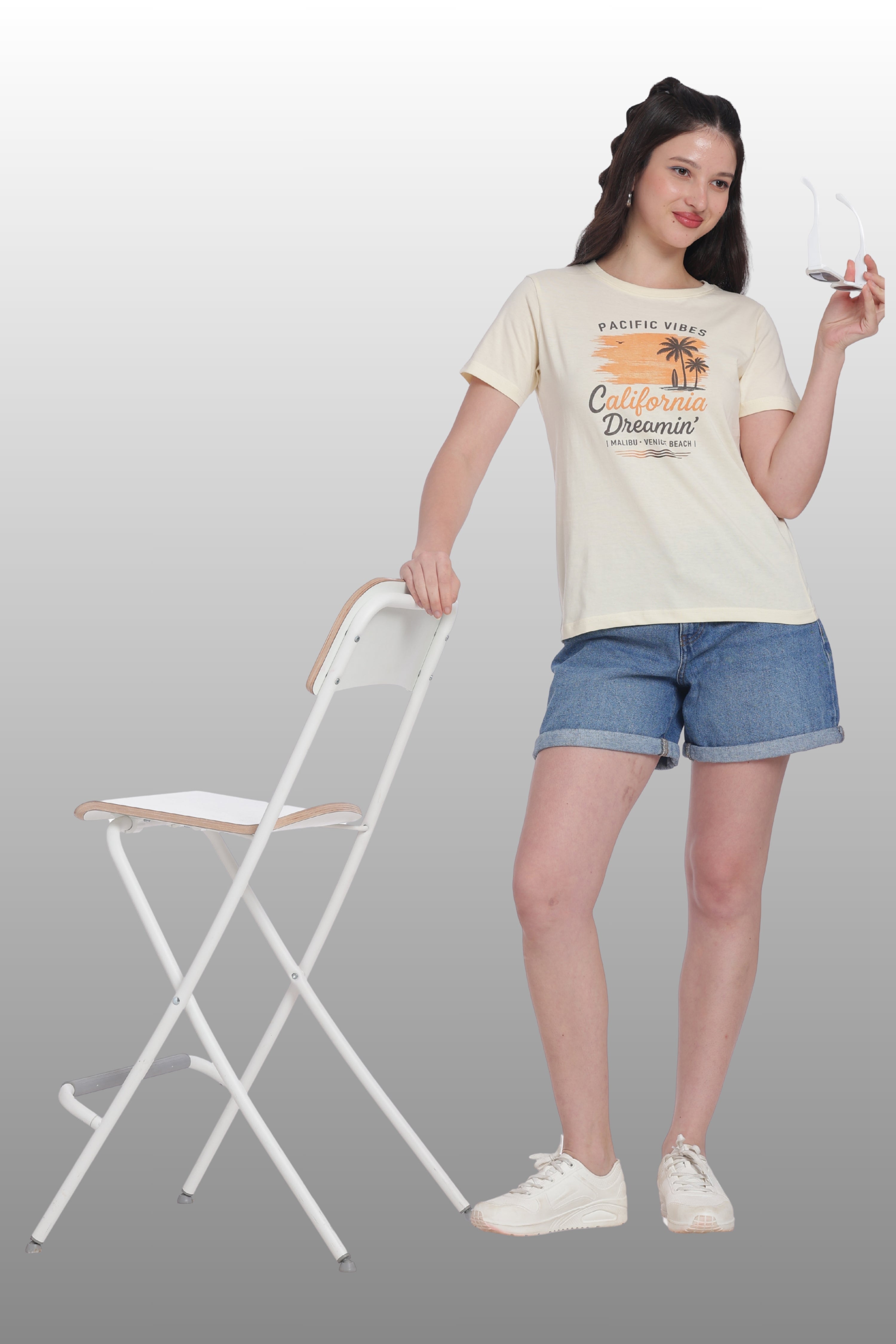 Womens Regular Fit Cotton Printed Tshirt - CALIFORNIA-CREAM